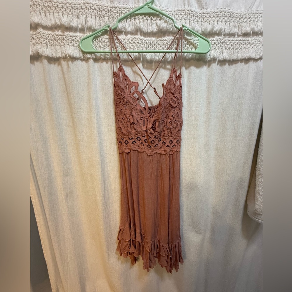 Free People Lace Mini Dress in Dusty Rose Pink